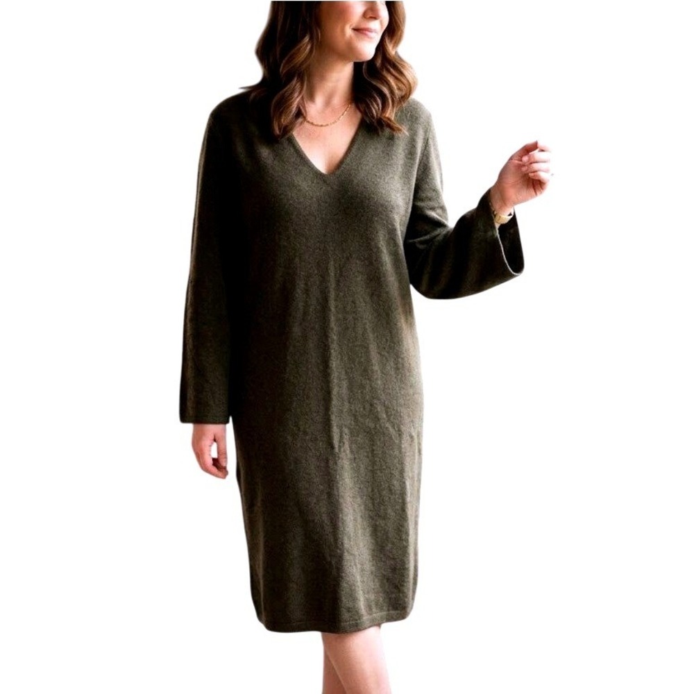 Massimo Dutti Brown V-Neck Long Sleeve Knit Sweater Dress Made in Italy sz M